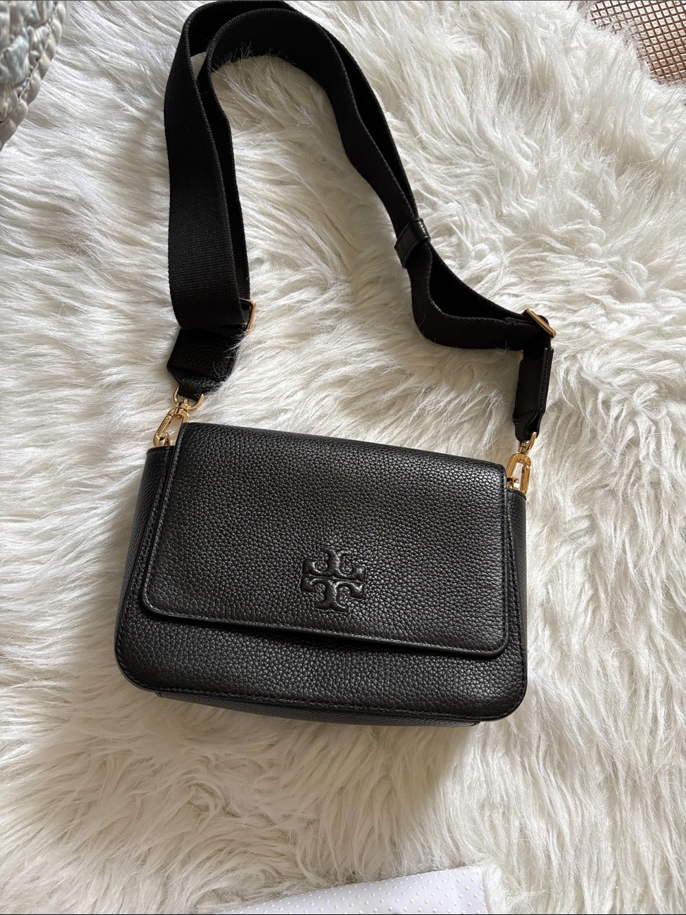 Tory Burch Black Pebbled Leather Flap Crossbody